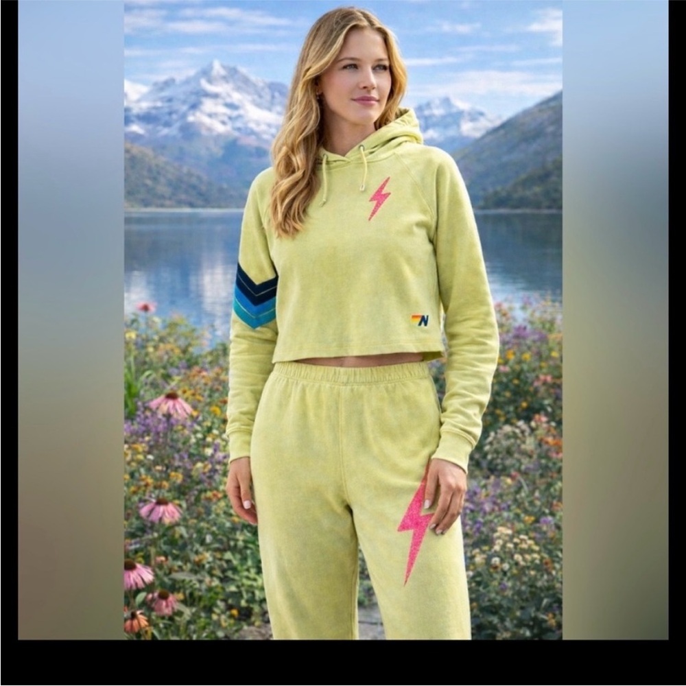 Aviator Nation Yellow Hoodie with Pink Lightning Bolt
